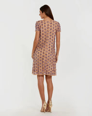 Beige Embellished Short Sleeve Shift Dress