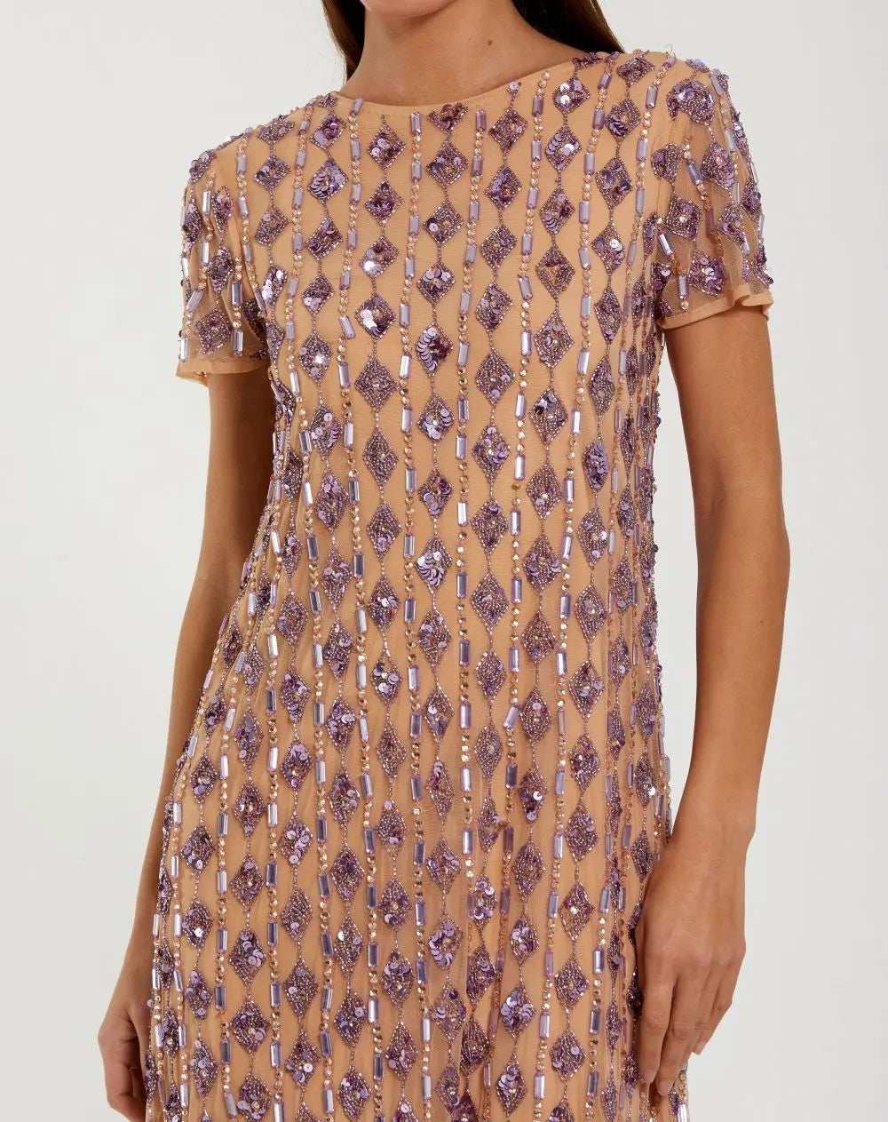 Beige Embellished Short Sleeve Shift Dress