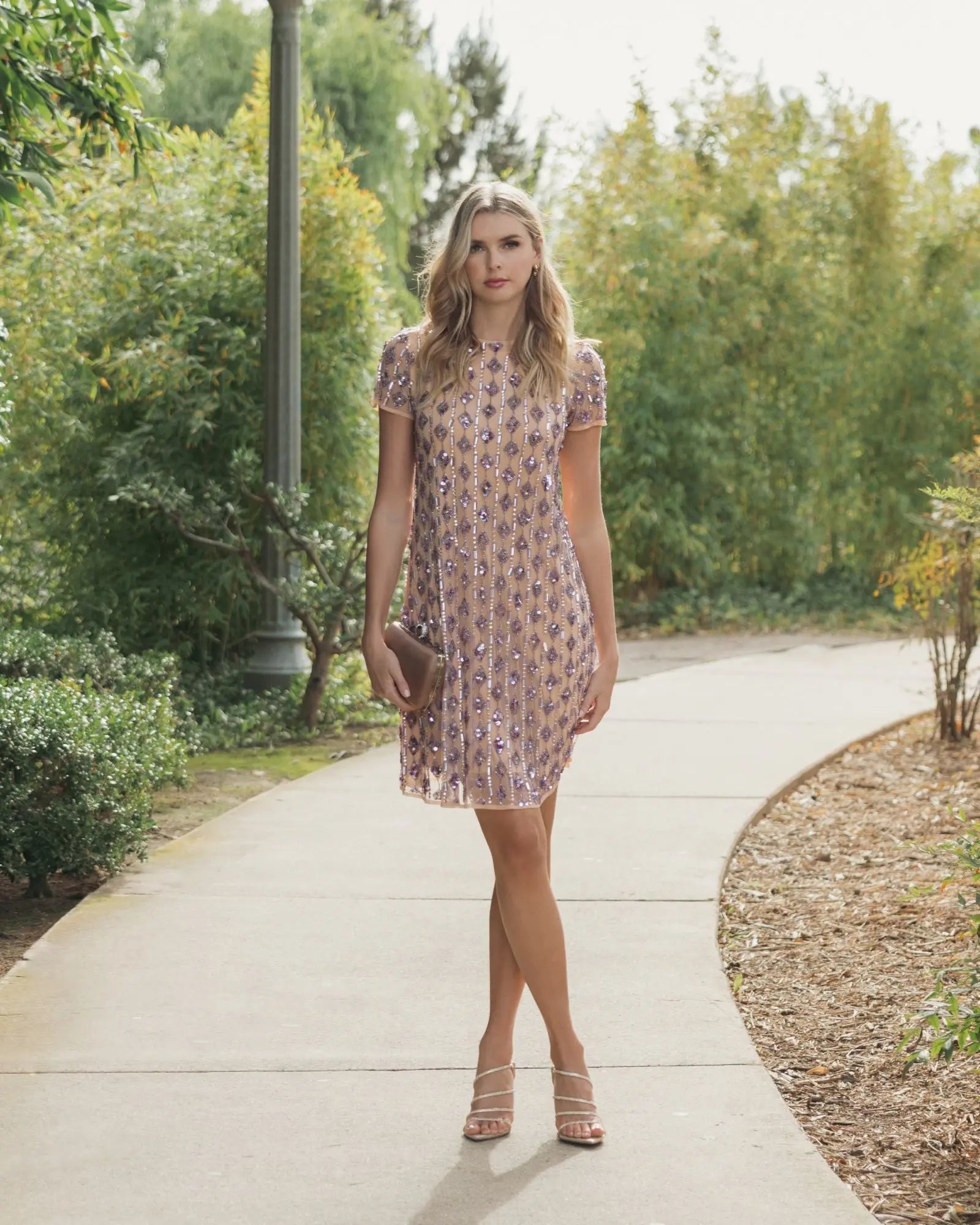 Beige Embellished Short Sleeve Shift Dress