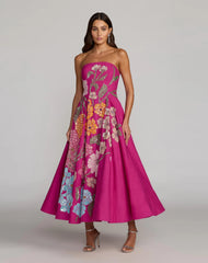 Hot Pink Strapless Floral Embellished Midi Dress