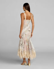 Multicolor Floral Chiffon Midi Dress With Lace Trim
