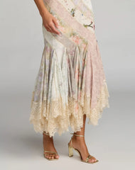 Multicolor Floral Chiffon Midi Dress With Lace Trim
