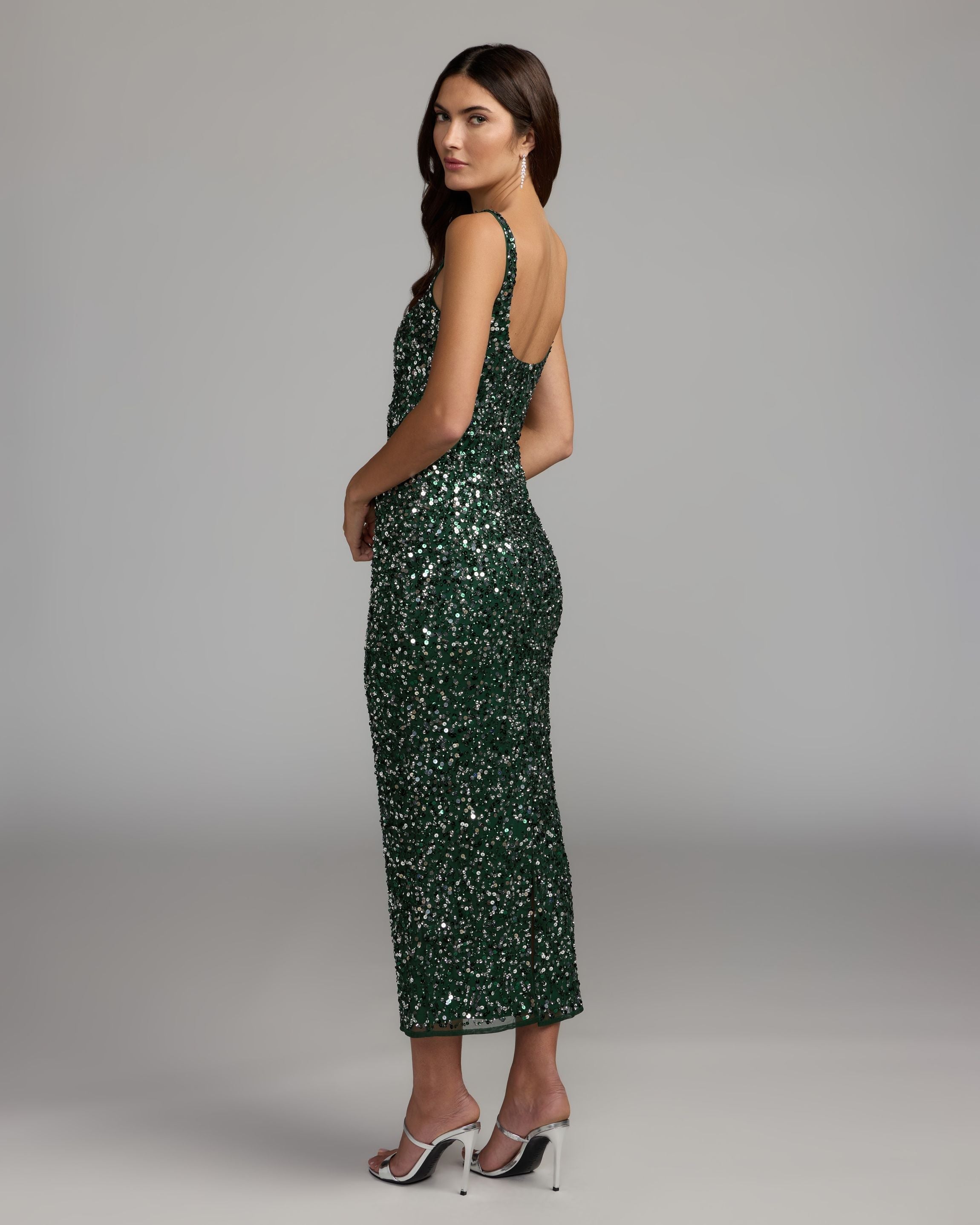 Emerald Sequin Sleeveless Midi Dress