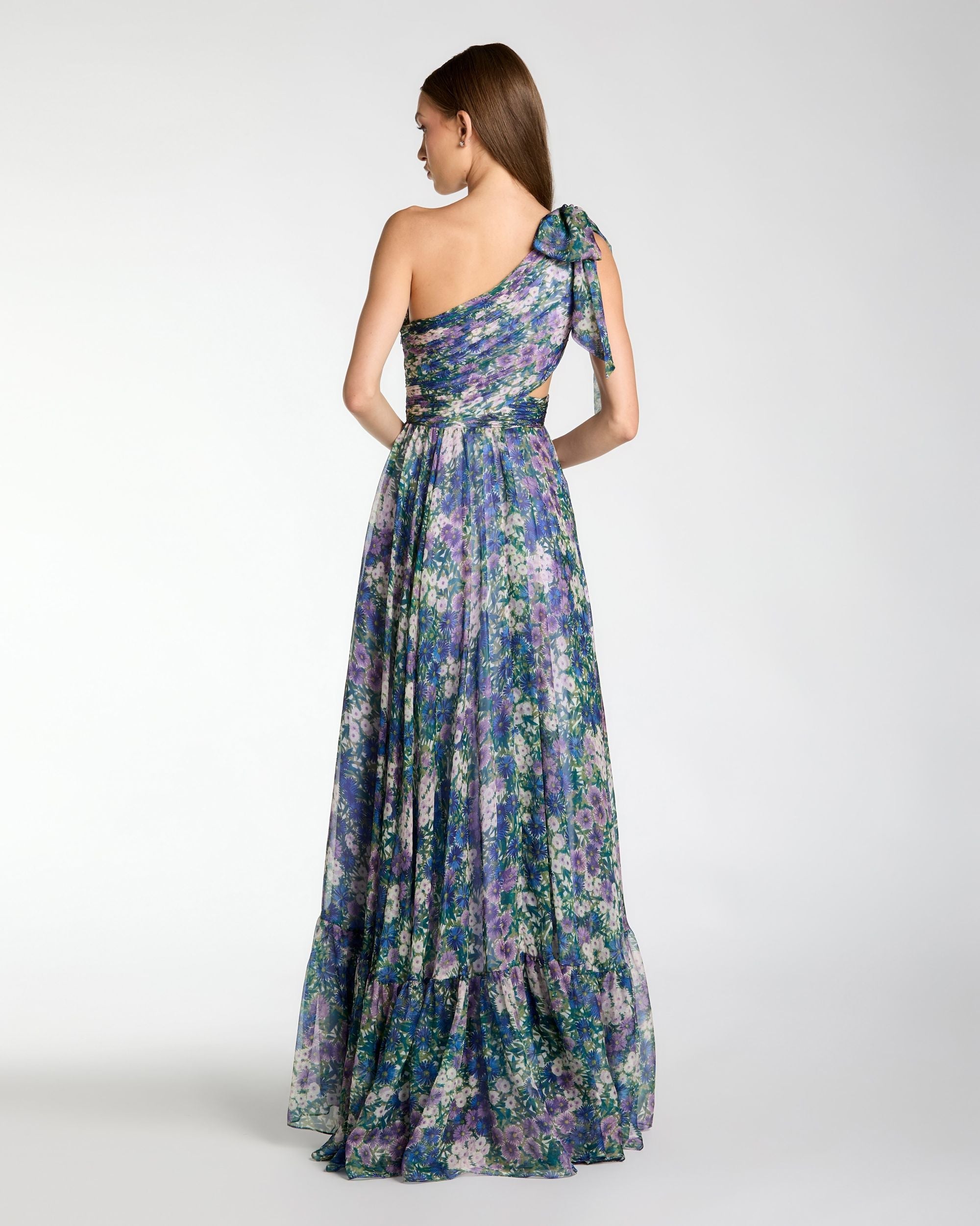 Petite Purple One Shoulder Floral Printed Chiffon Side Cut Out Gown