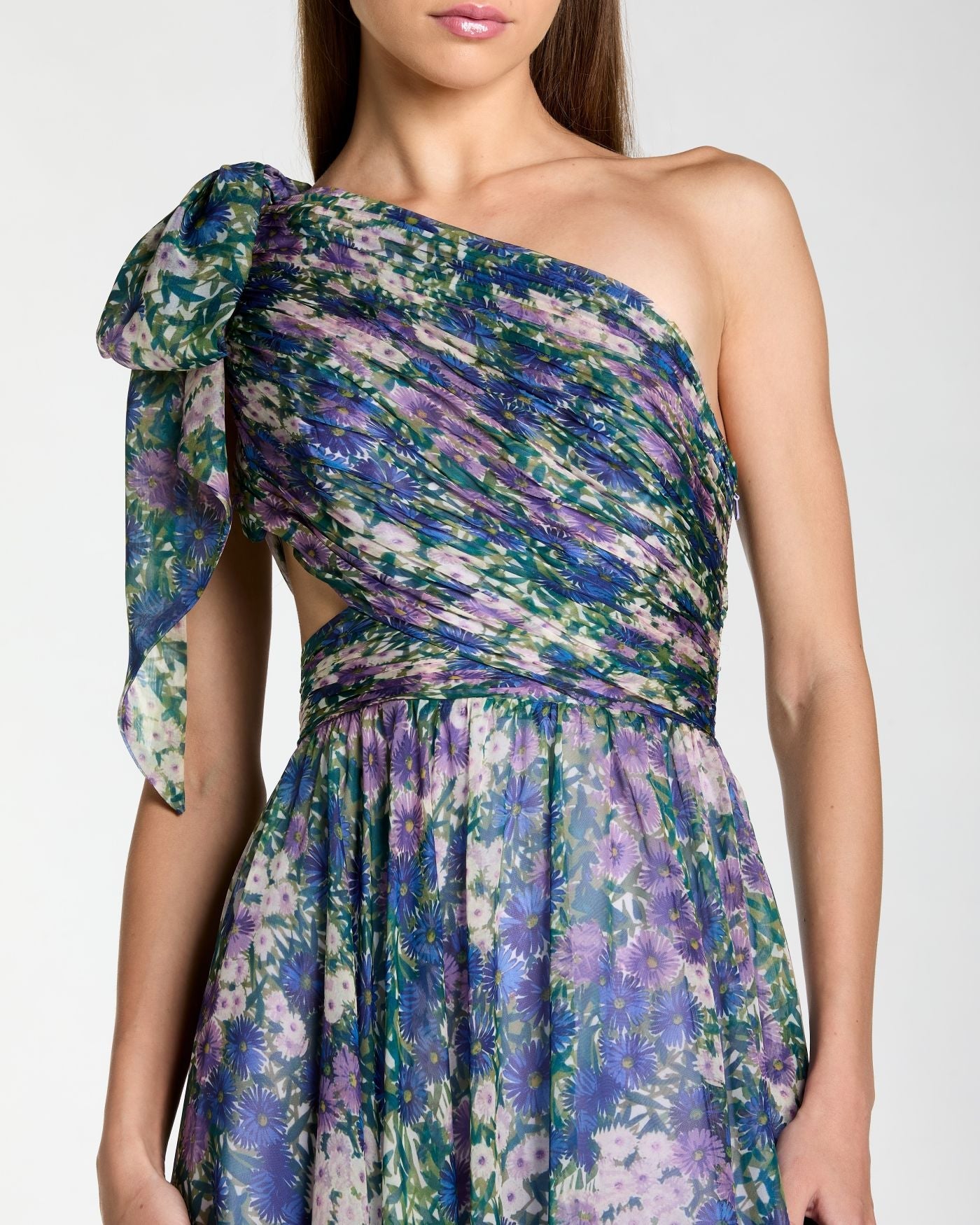 Petite Purple One Shoulder Floral Printed Chiffon Side Cut Out Gown