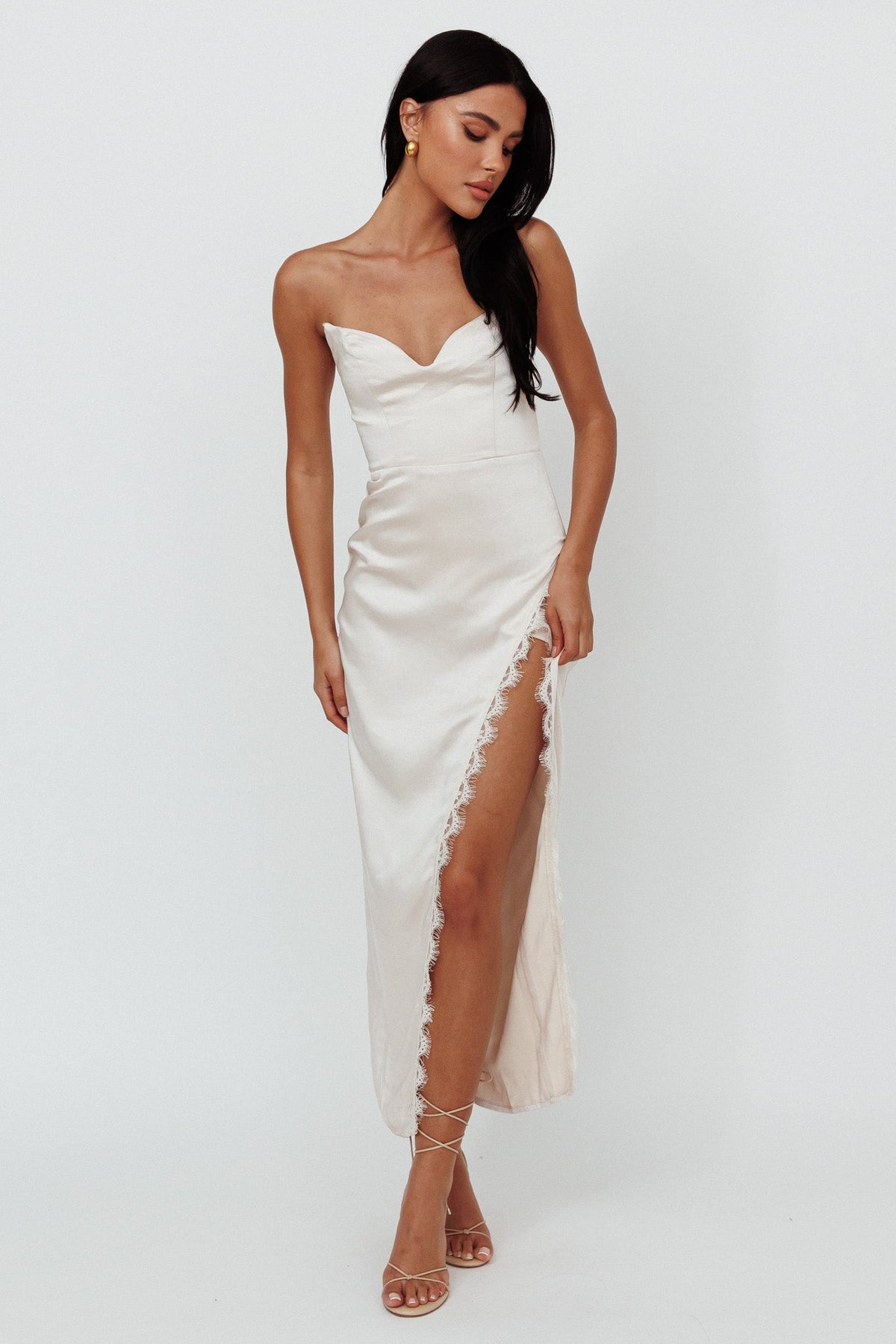 Winter Moon Strapless Lace Trim Midi Dress Champagne Main image