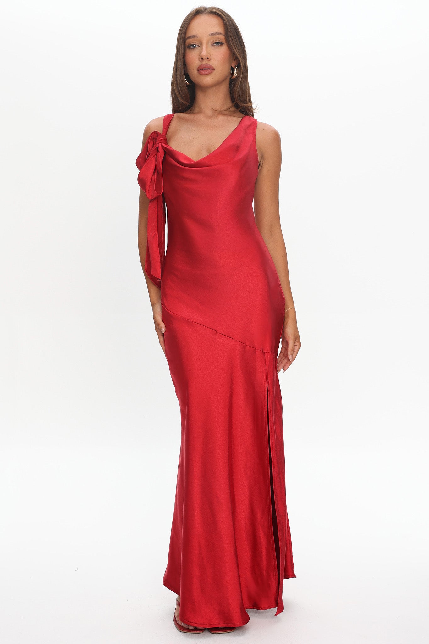 Averie Bow Shoulder Split Midi Dress Red Secondary image