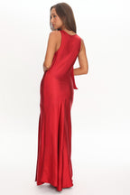 Averie Bow Shoulder Split Midi Dress Red