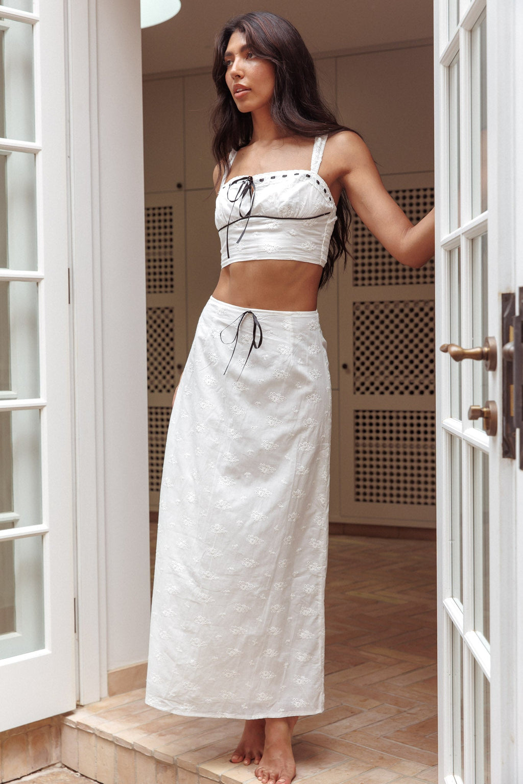 Helga Eyelet Embroidery Bow Crop Top White