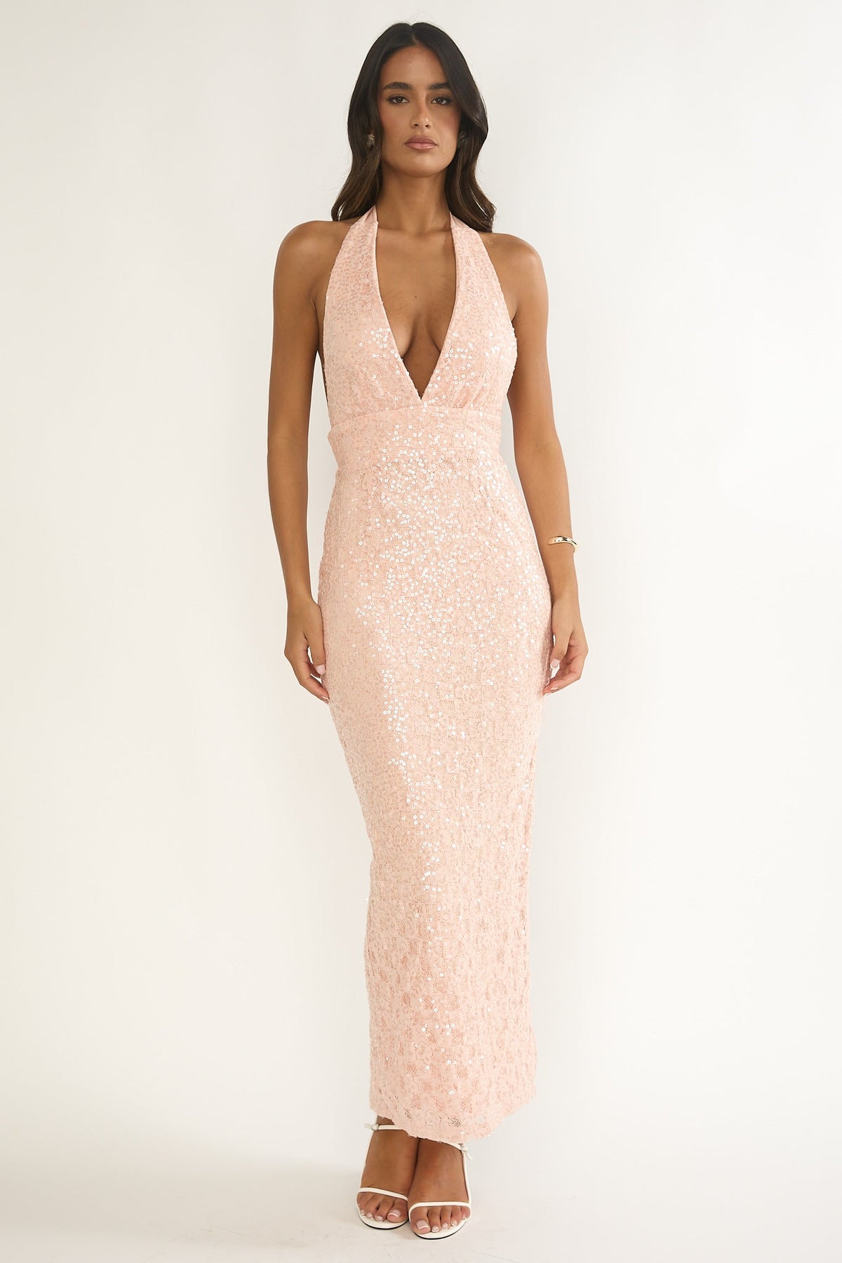 Cipriana Backless Halter Maxi Dress Sequin Pink