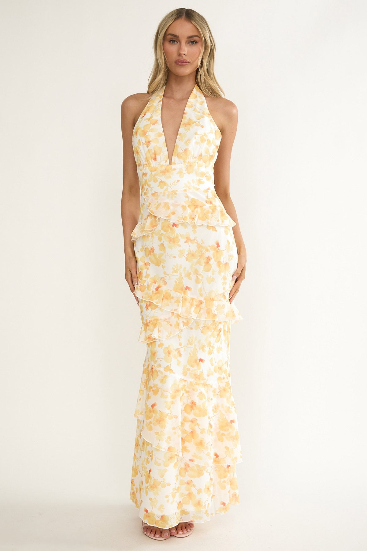 Cipriana Frill Trim Halter Maxi Dress Floral Yellow