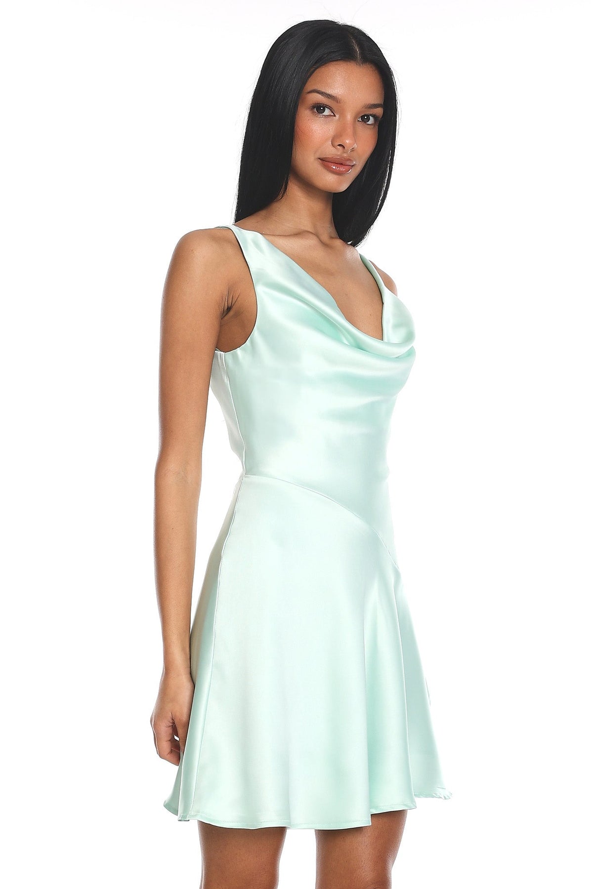 Brigid Cowl Neck Scoop Back Mini Dress Mint