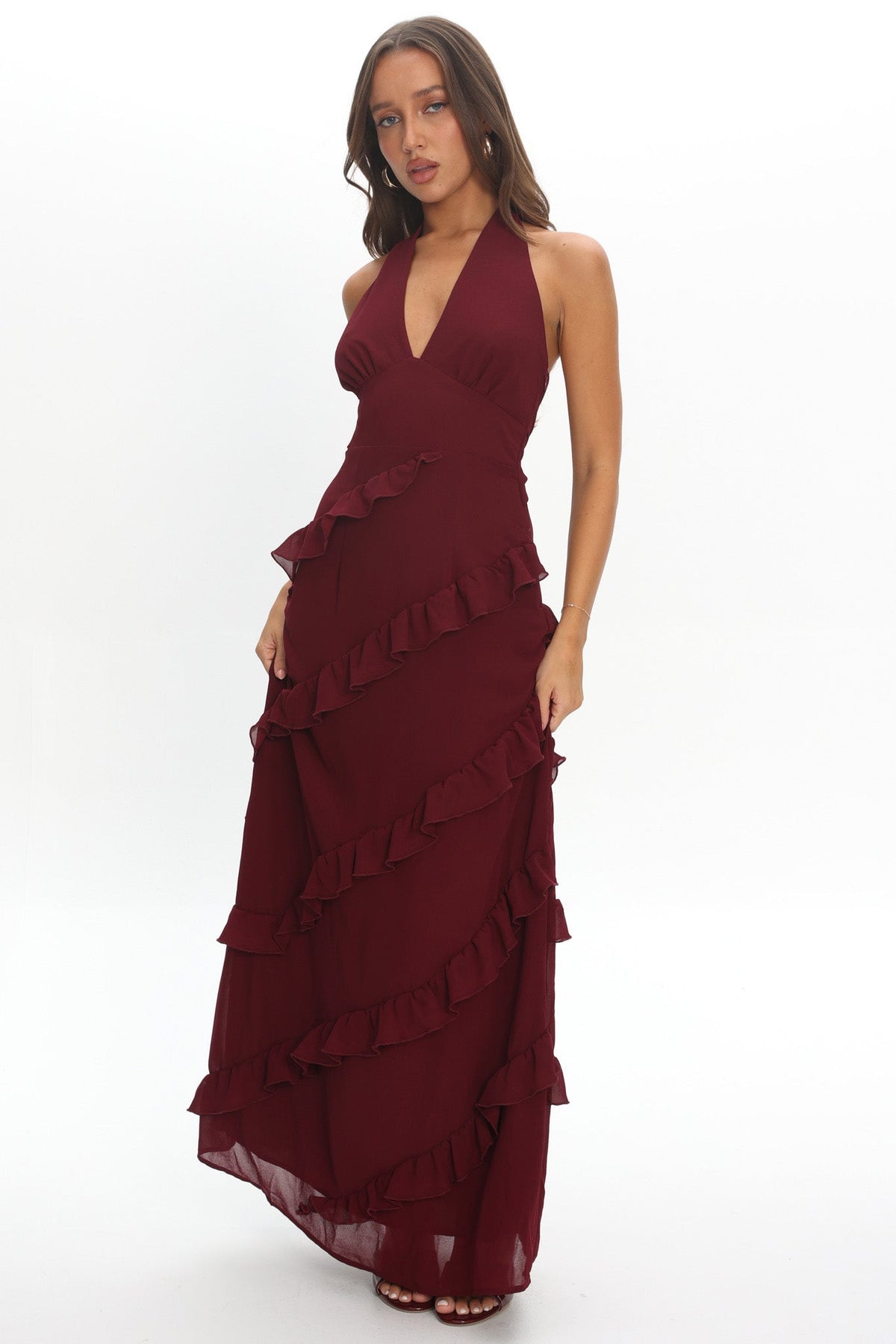 Flirt Frill Trim Halter Maxi Dress Wine Main image