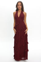 Flirt Frill Trim Halter Maxi Dress Wine