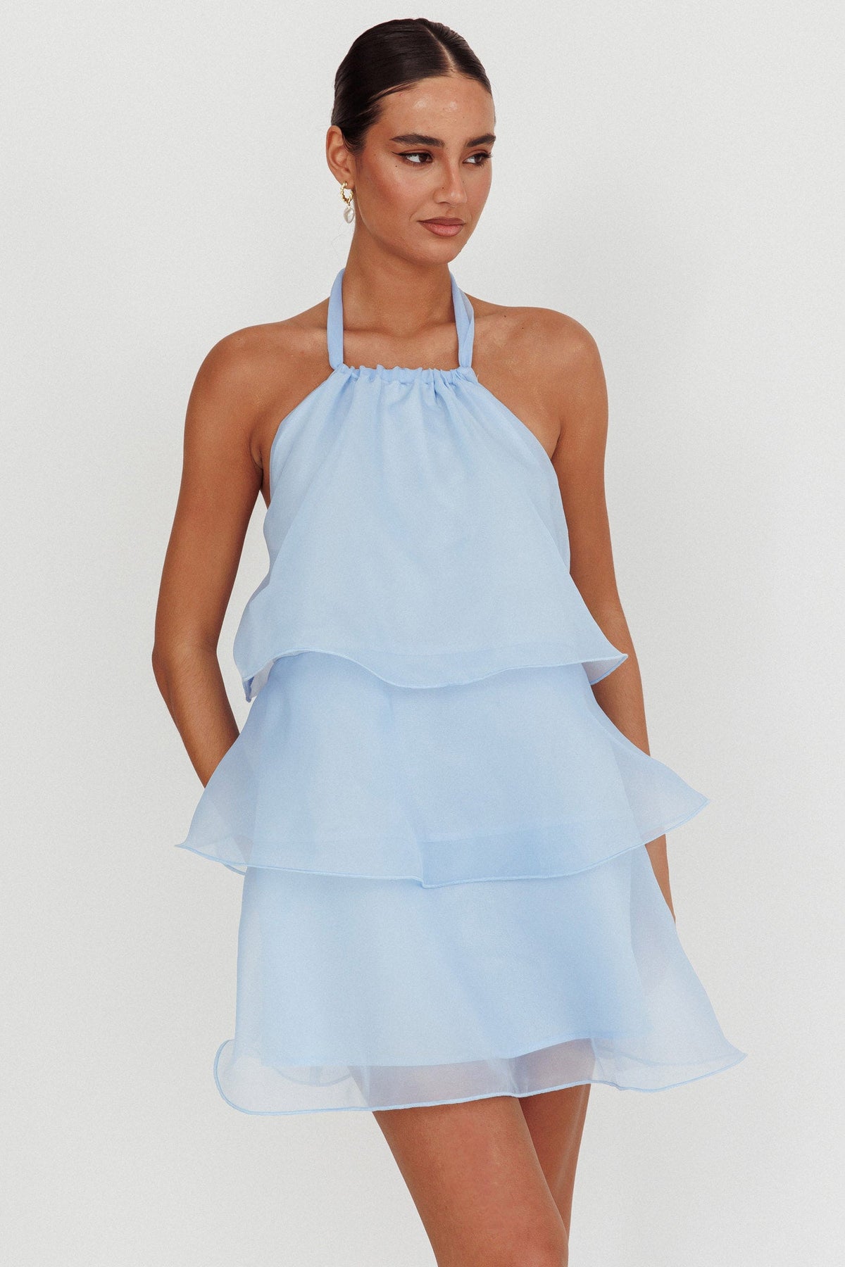Tulips Tiered Halterneck Mini Dress Baby Blue Main image
