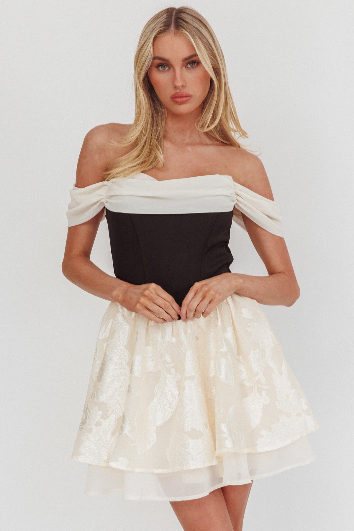 Lusting Off Shoulder Mini Dress Black/Cream Main image