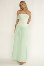 Flutters Off-Shoulder Accordion Pleat Dress Sage