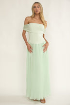 Flutters Off-Shoulder Accordion Pleat Dress Sage