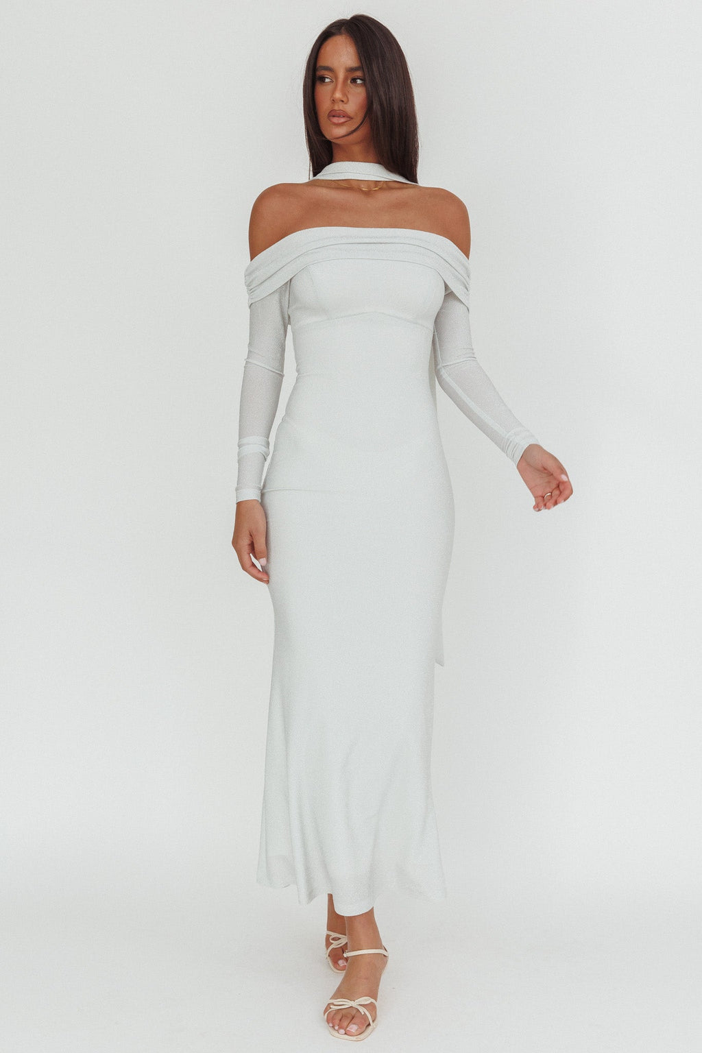 Flutters Off-Shoulder Long Sleeve Maxi Dress White