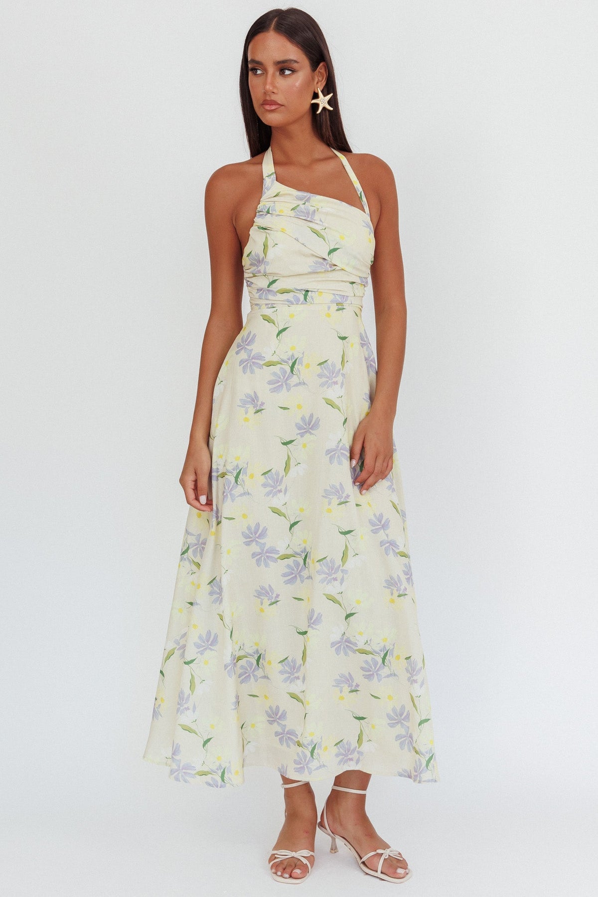 Auriana Asymmetric Neckline Halter maxi Dress Floral Lemon Main image