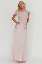 Diana Asymmetric Shoulder Pleat Waist Maxi Dress Blush
