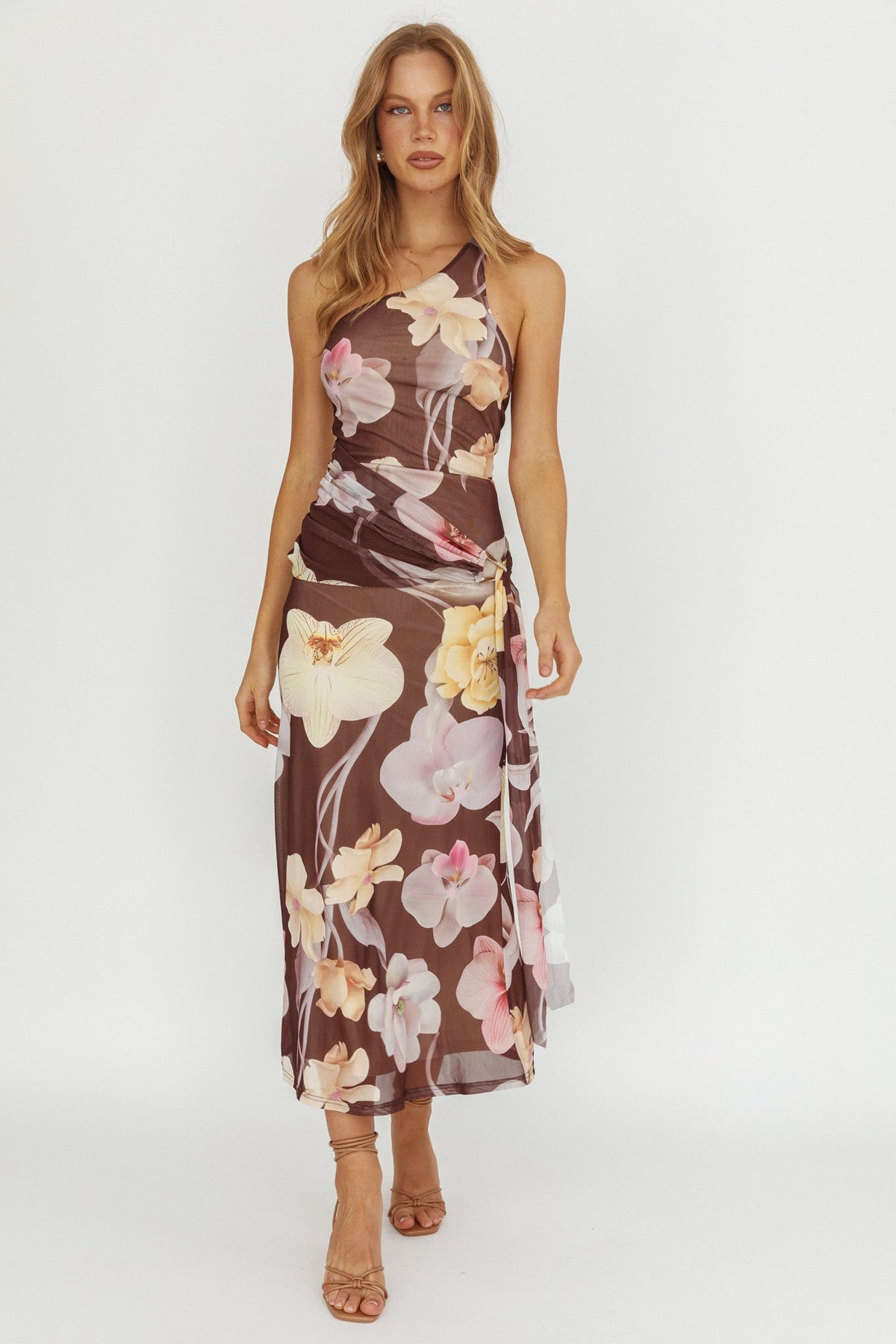 Kimbra Waist Sash Maxi Dress Floral Brown