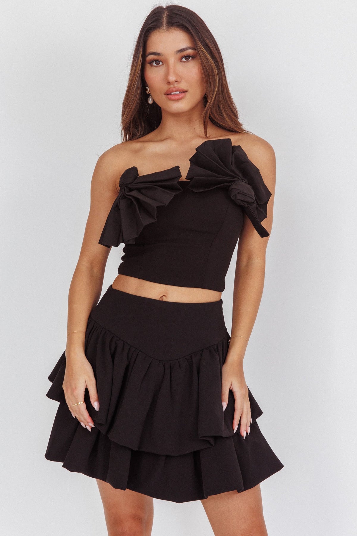 Deisi Concertina Layered Ruffle Mini Skirt Black