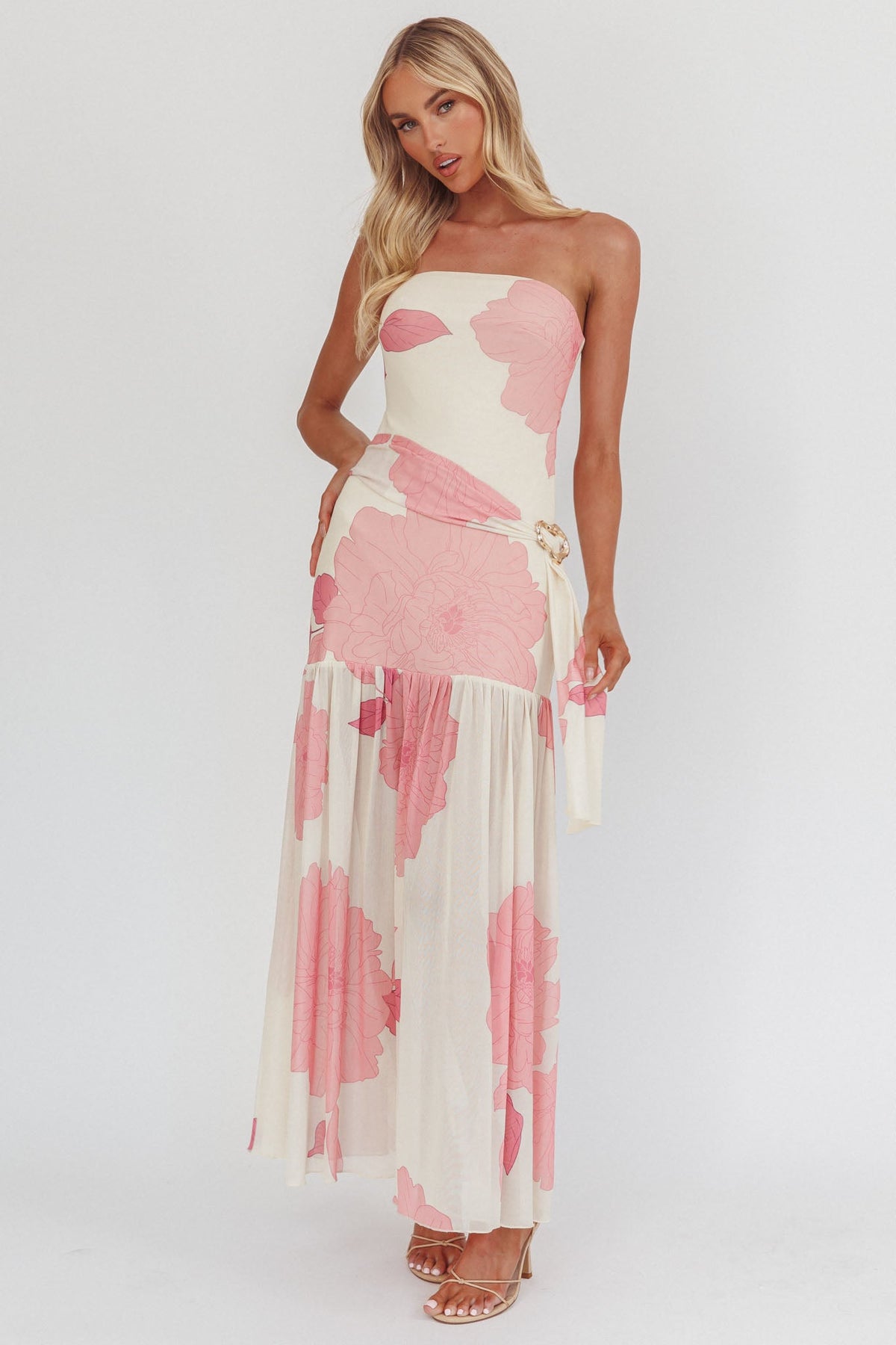 Antonella Strapless Waist Sash Maxi Dress Floral Pink Main image