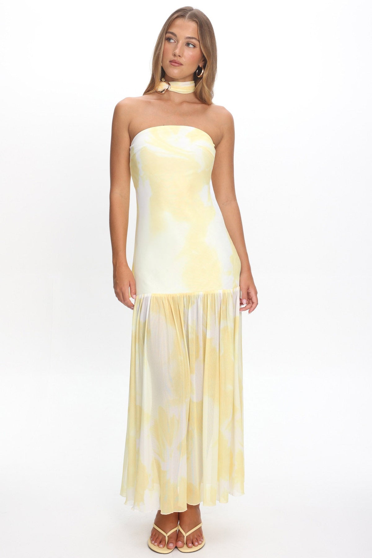 Antonella Strapless Waist Sash Maxi Dress Marbled Yellow Main image