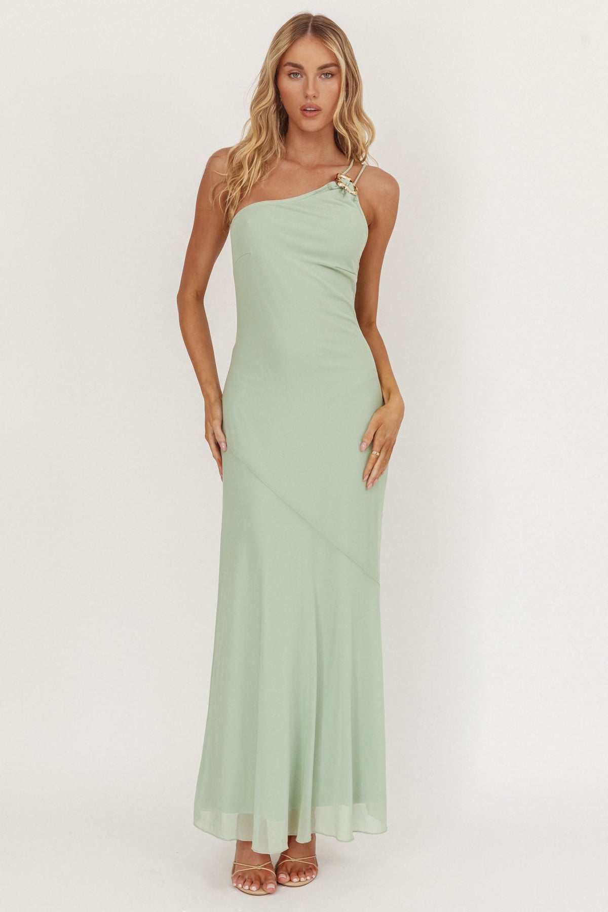 We Belong Together One-Shoulder Buckle Maxi Dress Mint Main image