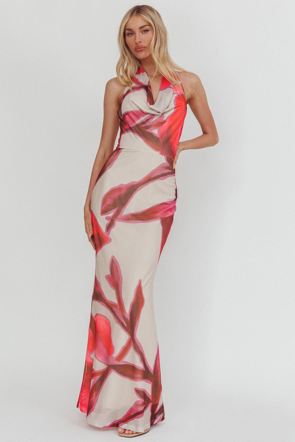 Outlier Cowl Halterneck Maxi Dress Print Beige