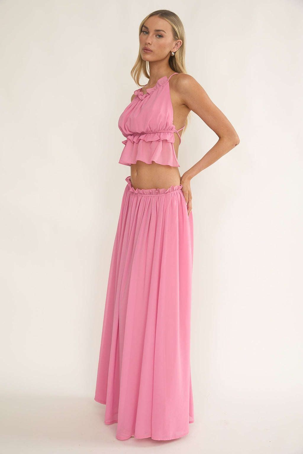 Marivelle Frill Trim Maxi Skirt Pink