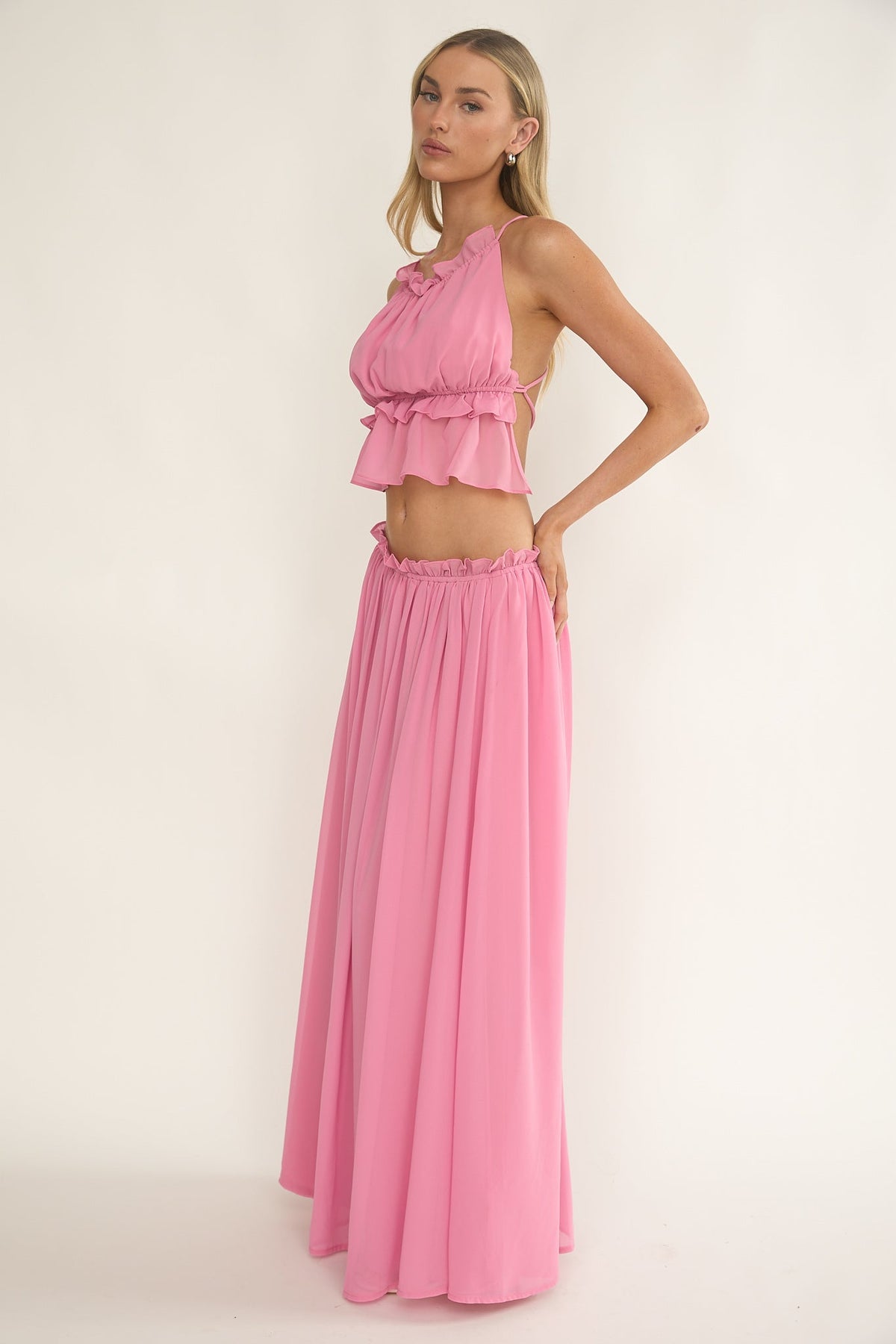 Marivelle Frill Trim Maxi Skirt Pink