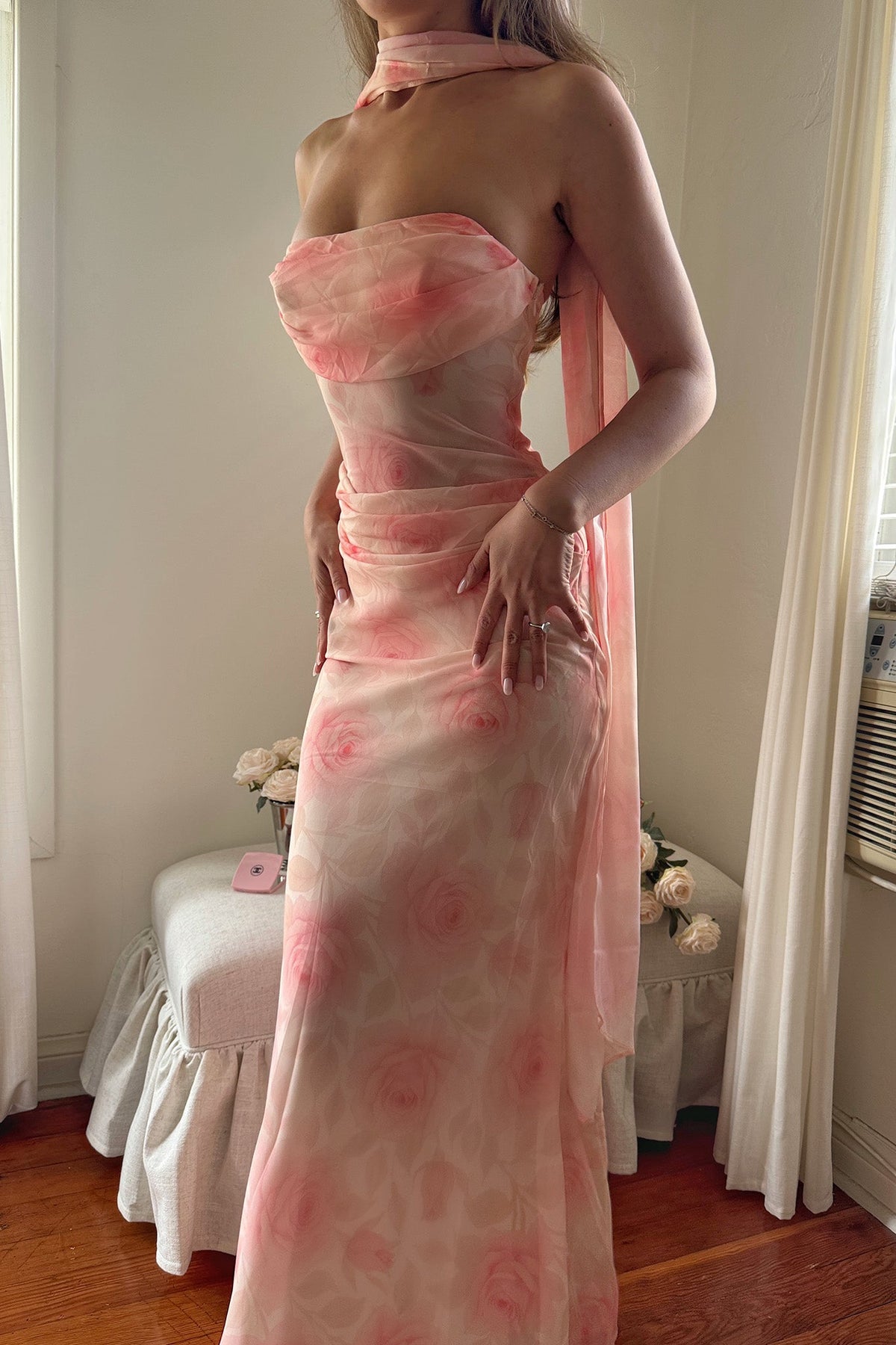 Unforgettable Day Drape Waist Strapless Maxi Dress Roses Floral Main image