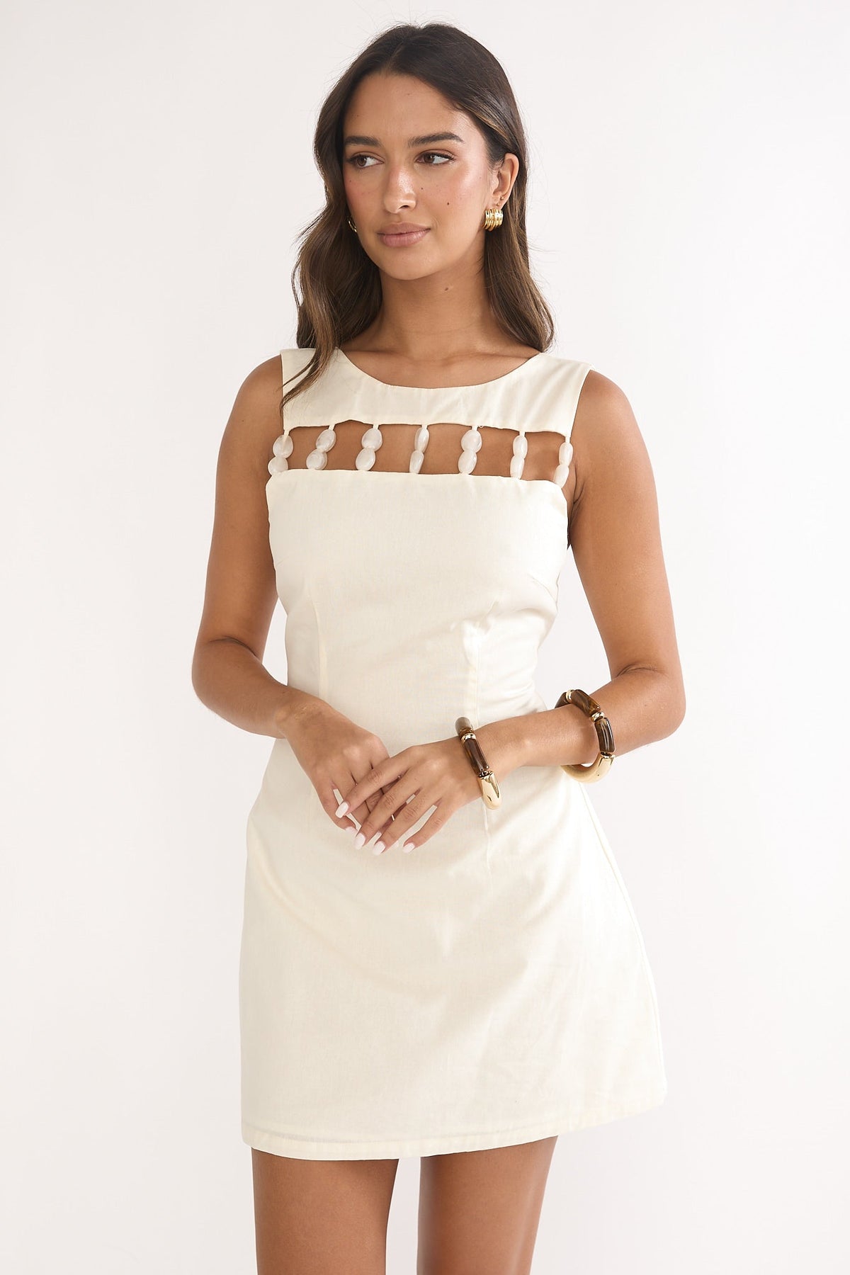 Your Knowing Cut-Out Bead Neckline Mini Dress Cream Main image