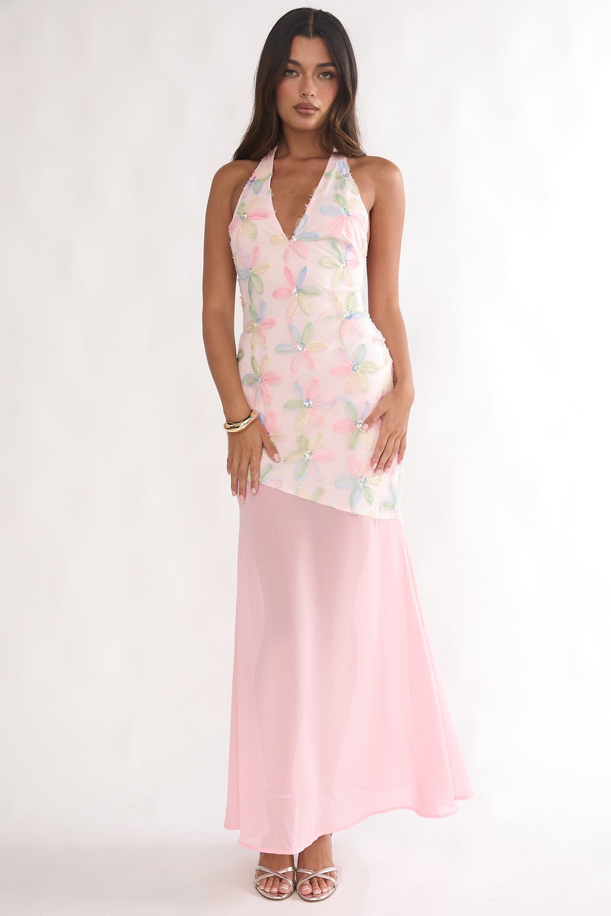 Arles Halterneck Sequin Embellished Maxi Dress Pink Main image