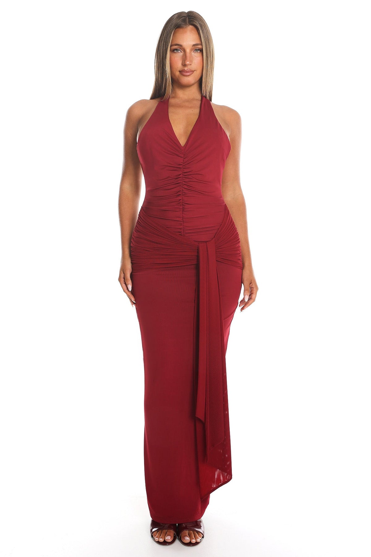 Last Words Wrap Halter Maxi Dress Raspberry