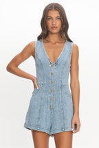 Chapelle V-Neck Button Romper Denim Blue