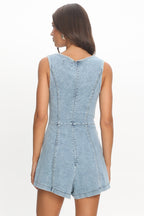 Chapelle V-Neck Button Romper Denim Blue