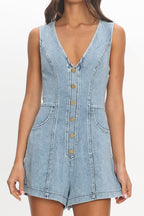Chapelle V-Neck Button Romper Denim Blue