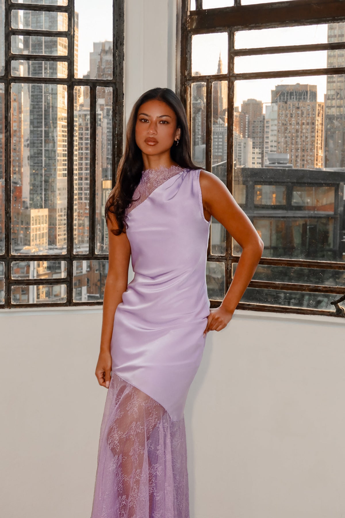 Amethyst Lace-Trim Asymmetric Maxi Dress Lilac Main image