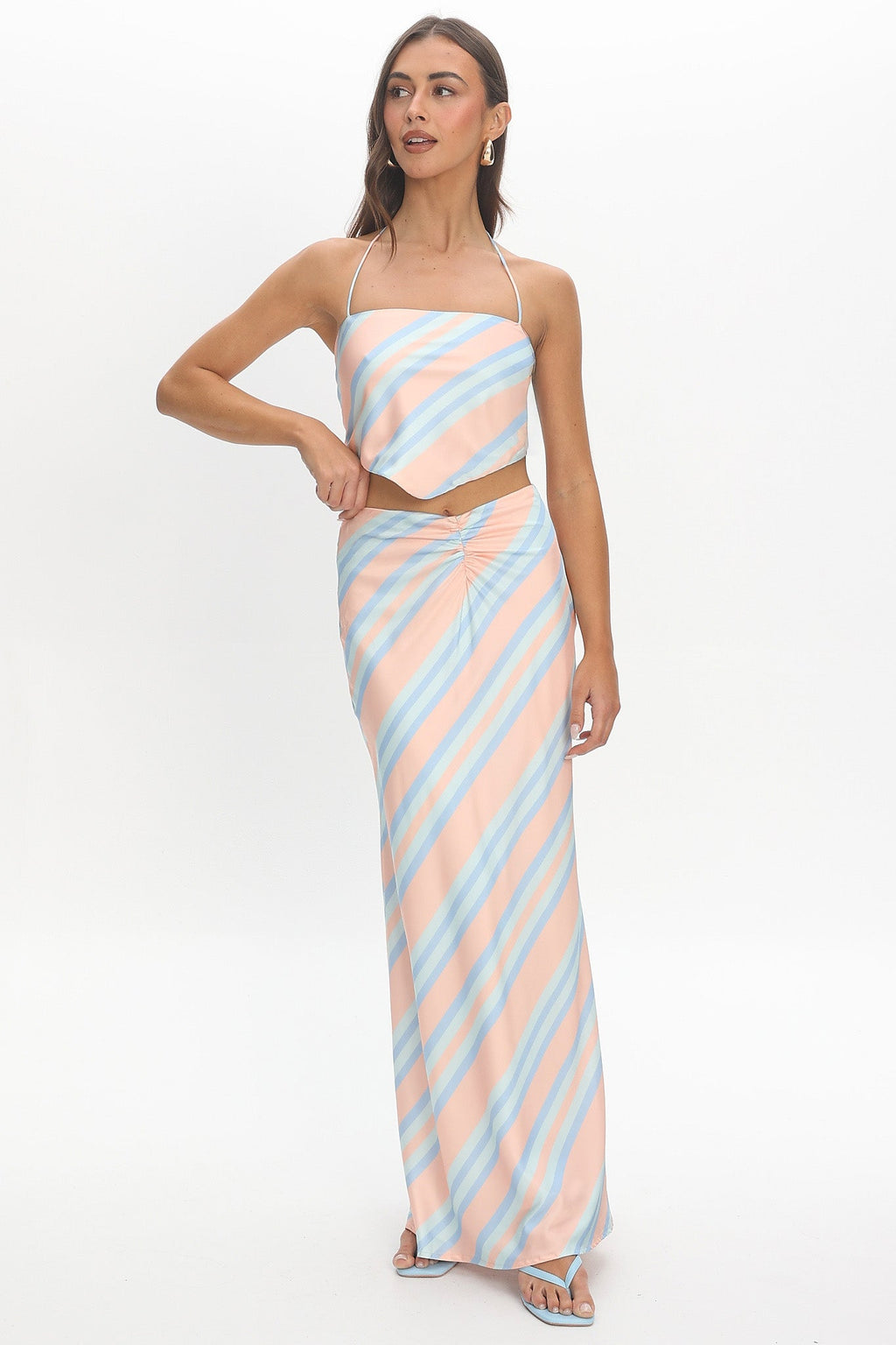 Avatar Ruched Maxi Skirt Striped Aqua