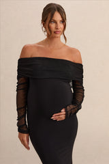 Pretty Perfect | Black Maternity Bardot-Neck Maxi Dress
