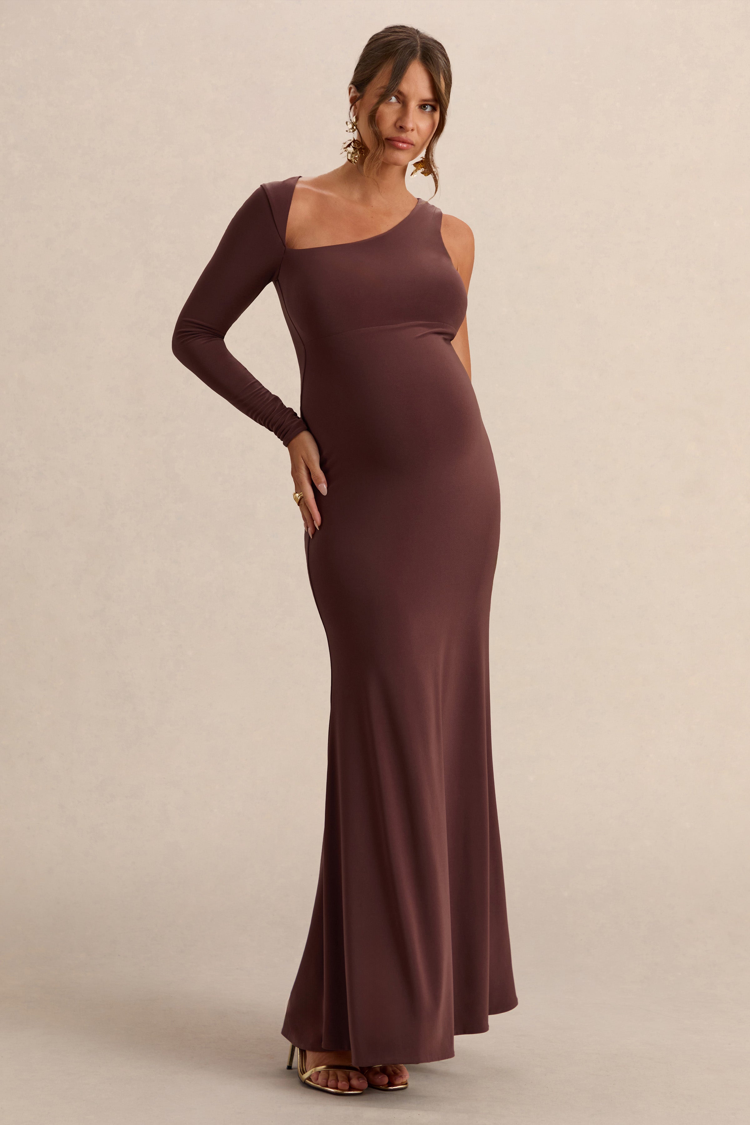 Oh Baby | Brown Maternity One Shoulder Bodycon Maxi Dress