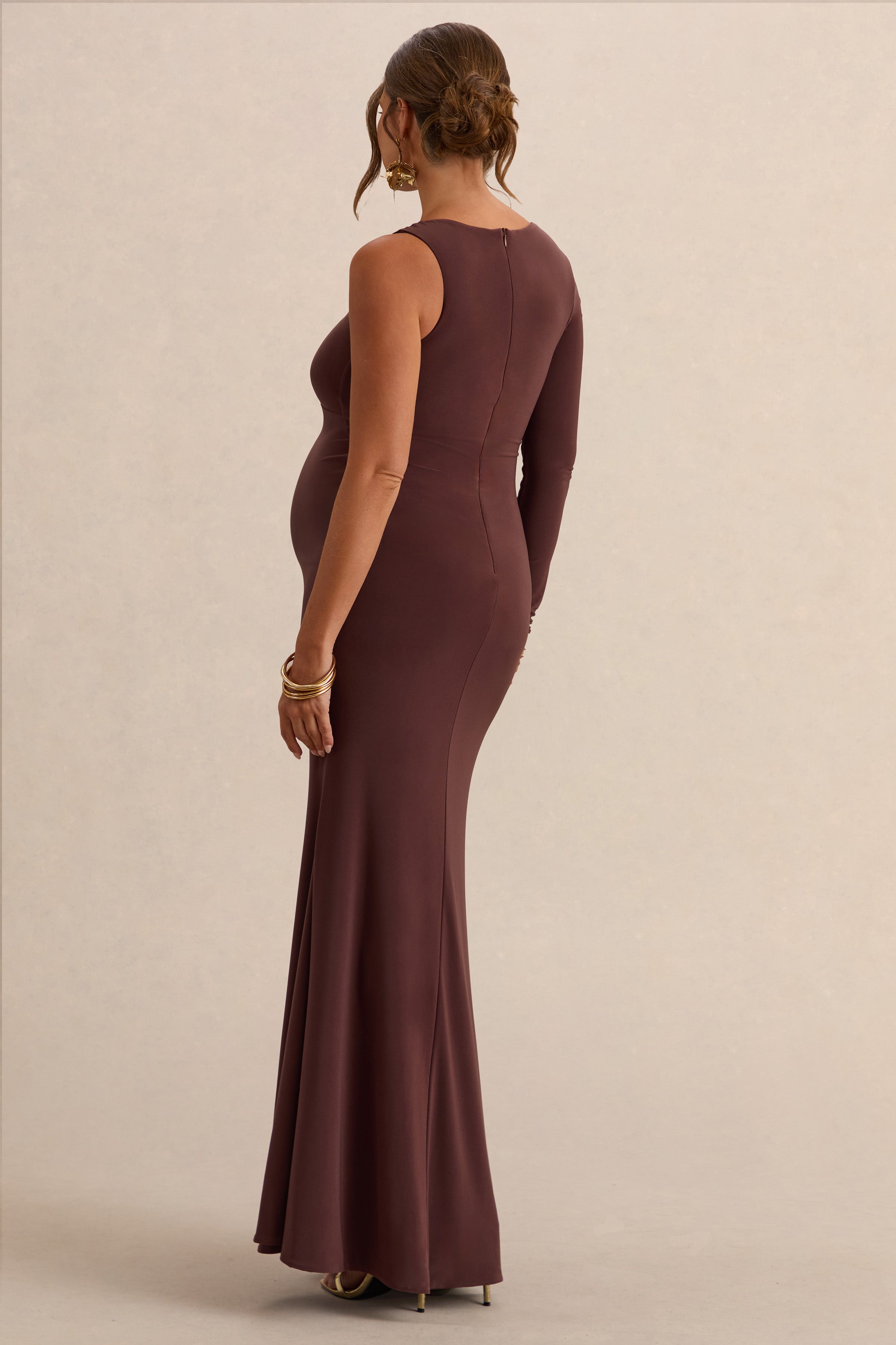 Oh Baby | Brown Maternity One Shoulder Bodycon Maxi Dress