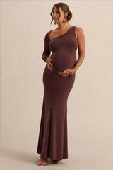 Oh Baby | Brown Maternity One Shoulder Bodycon Maxi Dress