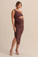 Late Night | Brown Maternity Ruched One Shoulder Midi Dress