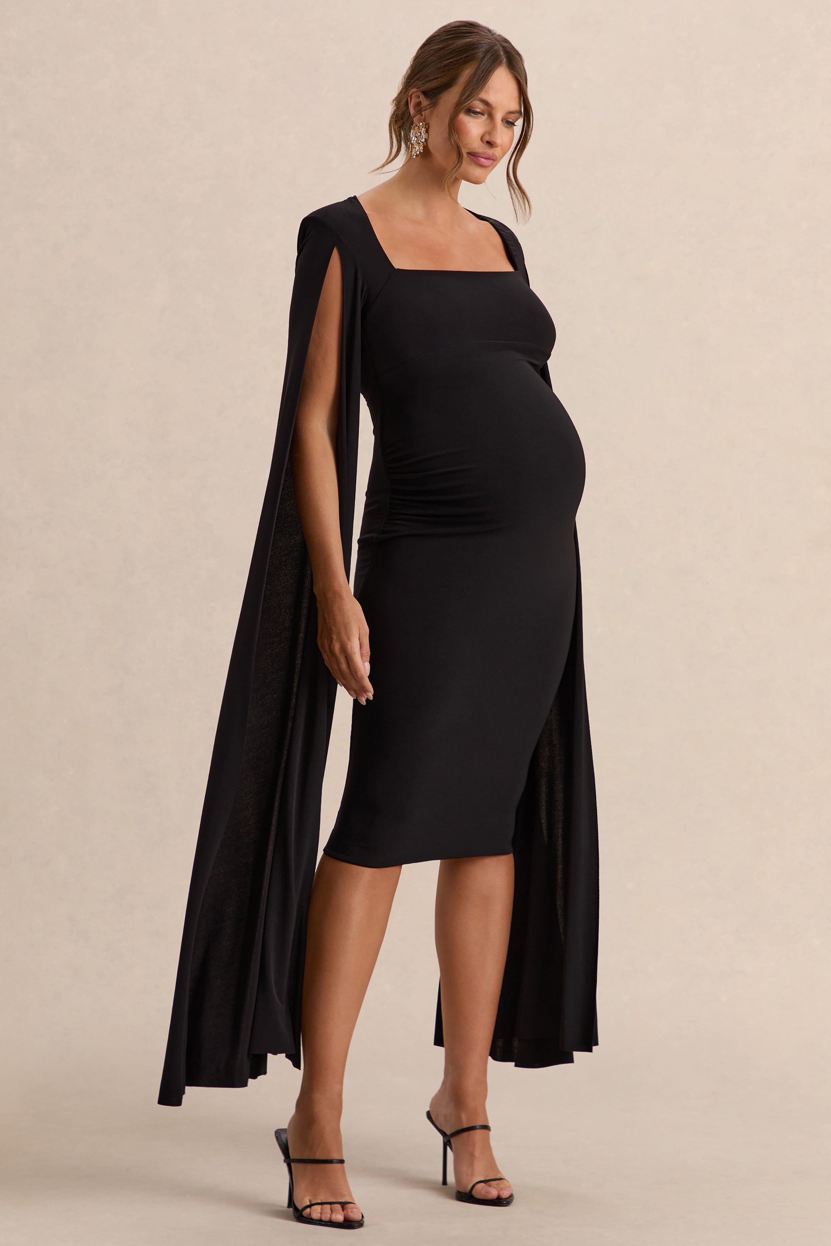 Flawless | Black Square-Neck Maternity Midi Dress With Cape-Sleeves