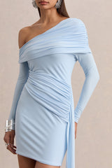 Savita | Powder Blue Ruched Asymmetric Mini Dress With Drape