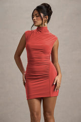 Lalani | Rust Ruched High-Neck Mini Dress